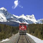 Train passing throught the Rocky Mountains.